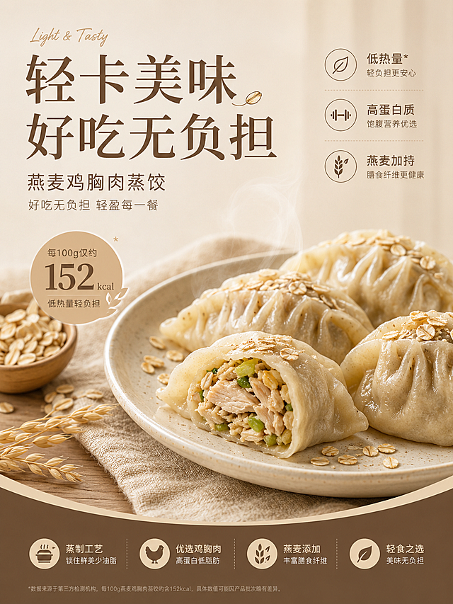 轻卡美味卖点页，突出宣传低热量轻负担，燕麦鸡胸肉蒸饺好吃无负担，标题文字"轻卡美味 好吃无负担"，整体燕麦色为主，咖色为辅，风格高级简约，尺寸比例3:4