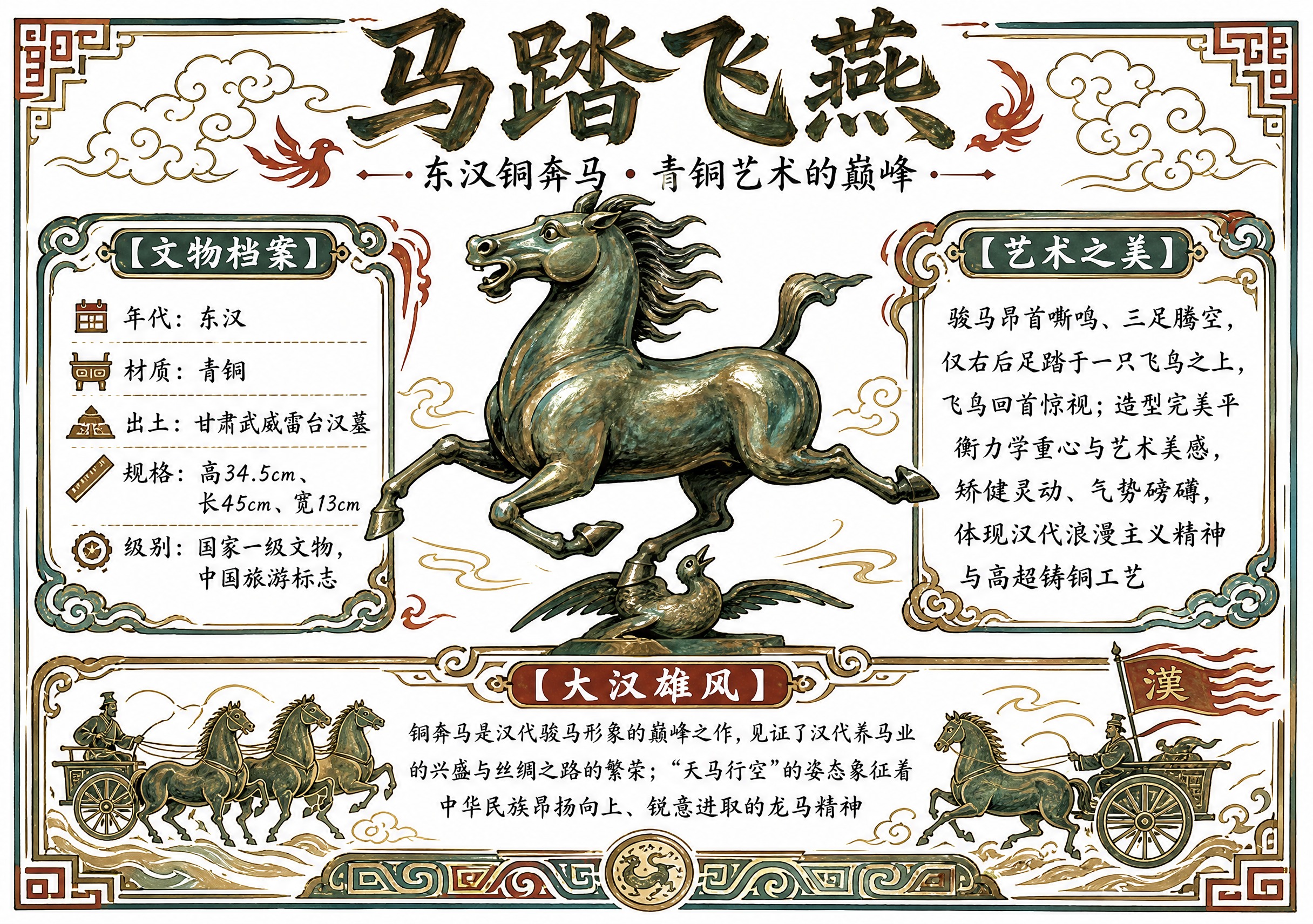 一张A4横版历史文物手抄报，主题为东汉铜奔马（马踏飞燕），白底… - 图片创意预览