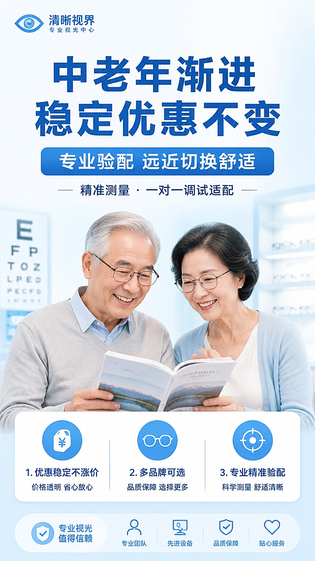 专业视光机构活动宣传海报，画面干净整洁简洁，9:16竖版，文字精简清晰，层次分明。主标题"中老年渐进 稳定优惠不变"，副标题"专业验配 远近切换舒适"，装饰文字"精准测量 · 一对一调试适配"，三个卖点标签："1. 优惠稳定不涨价" "2. 多品牌可选" "3. 专业精准验配"。整体风格简约专业，浅蓝色浅白色清爽配色，明亮干净的商业摄影风格，版式精美，分区清晰，四周留足安全边距，文字全部清晰可读。