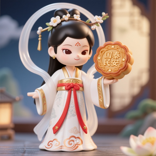 嫦娥身着月白色云锦镶金汉服，袖口和裙摆绣红色祥云纹，腰间系朱红绸带，发型为垂挂髻，插一支嵌珍珠的桂花发簪，面容温婉带笑，眼神柔和看向画面右侧，右手托着一枚直径约8cm的广式莲蓉月饼，月饼表面有烫金纹样预览效果