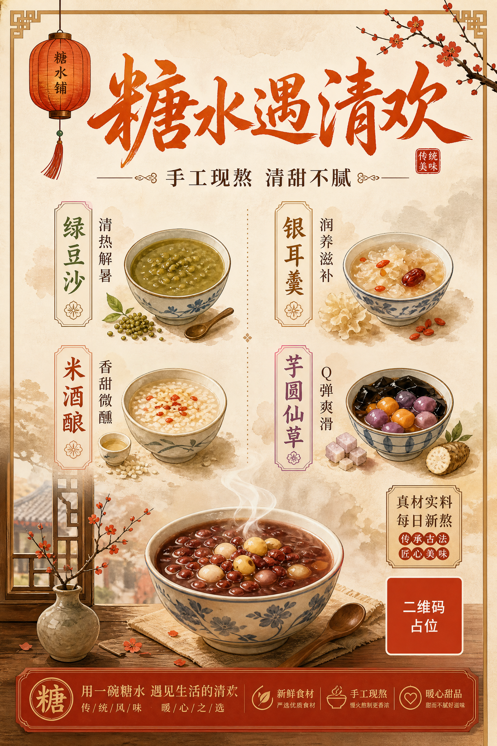 国风糖水铺侧面灯箱广告，竖版2:3构图。顶部主标题「糖水遇清欢… - 图片创意预览