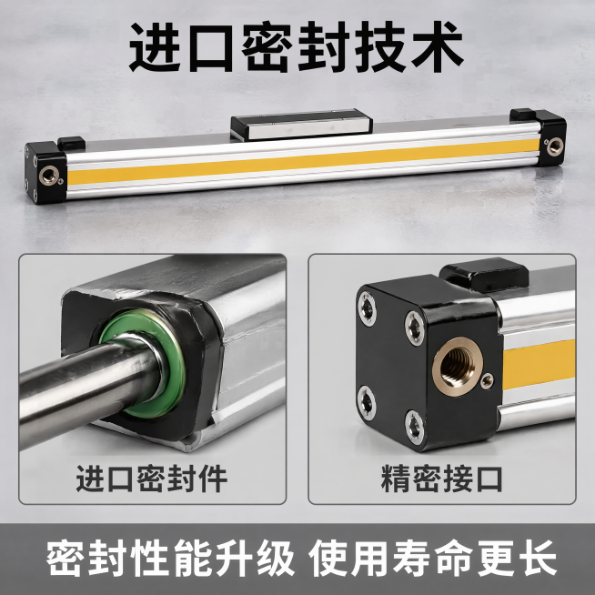 [主图-2] 展示无杠气杆进口密封核心卖点。
[氛围风格] 专业工业技术风，高信息密度质感
[画质] 商业摄影质感、光线柔和通透、产品清晰真实、画面干净高级
[元素] 保持无杠气杆产品外观（物理结构、预览效果