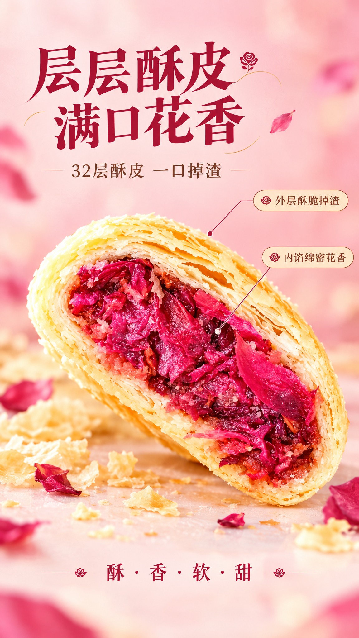 [商品] 使用【图1】云南玫瑰鲜花饼；保留金黄酥皮、玫红色玫瑰… - 图片创意预览