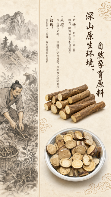 「图片1」，9:16竖版详情，左右分栏复古版式，左栏水墨插画：长白山山林采收甘草实景，古朴农户采挖草本线描图，右栏实拍甘草原料整根原条+切片实物，竖排文案：产自长白山生态产区，自然环境孕育原生原料，人预览效果