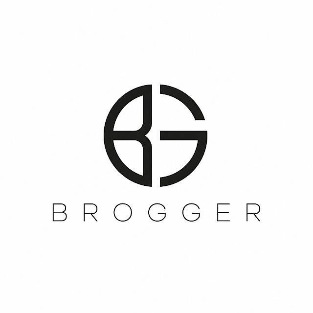 重新设计BROGGER品牌logo，北欧极简轻奢风格，B与G字母共生一体组成环形标识，线条利落流畅，哑光黑单色设计，高级哑光质感，低饱和度极简风格，中性成熟男士调性，辨识度高，放大缩小都保持清晰，商务高端定位，搭配纤细超窄无衬线BROGGER文字，纯白背景，矢量平面图，文字整体必须完整呈现在画面内不可被裁切，四周留有安全边距。比例1:1