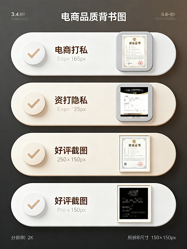 电商品质背书图，比例3:4，米白+暖灰为主色调，浅棕+奶黑为辅助色。四项背书横向等距排列，每项占比25%，图标+文字垂直对齐，文字左对齐，字号16px，对勾符号与文字间距5px。搭配打码隐私的资质证书缩略图、好评截图，所有图片尺寸150×150px居中，与文字上下对应。勾选符号为浅棕配色，资质证书缩略框为浅灰圆角，好评截图边框为米白细边，氛围可靠安心，延续柔和风格。分辨率2K。