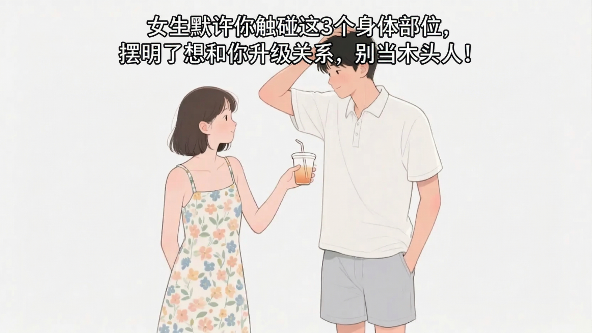 在图片上方合适位置添加文字：女生默许你触碰这3个身体部位，摆明了想和你升级关系，别当木头人！保持原图的插画风格不变，保留原有男女情侣的人物和饮料等所有内容预览效果