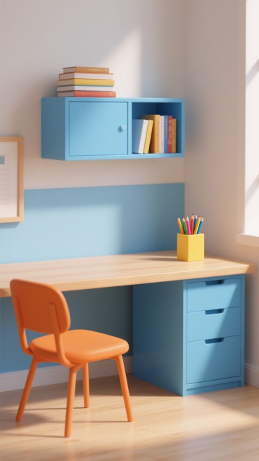 3D渲染风格的书桌场景，浅木色桌面搭配蓝色储物柜与橙色椅子，色彩明快和谐，柔和自然光从侧面照射，形成清晰柔和的光影层次，储物柜上层放置叠放的书籍，桌面右侧有黄色方形笔筒内含彩色铅笔，整体构图简洁有序，营造出明亮、整洁、温馨的居家办公或学习氛围，不同场景可替换储物柜内物品、桌面文具摆放及背景墙装饰，保持相同的现代简约风格与色彩搭配逻辑。预览效果