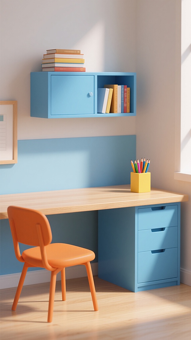 3D渲染风格的书桌场景，浅木色桌面搭配蓝色储物柜与橙色椅子，色彩明快和谐，柔和自然光从侧面照射，形成清晰柔和的光影层次，储物柜上层放置叠放的书籍，桌面右侧有黄色方形笔筒内含彩色铅笔，整体构图简洁有序，营造出明亮、整洁、温馨的居家办公或学习氛围，不同场景可替换储物柜内物品、桌面文具摆放及背景墙装饰，保持相同的现代简约风格与色彩搭配逻辑。