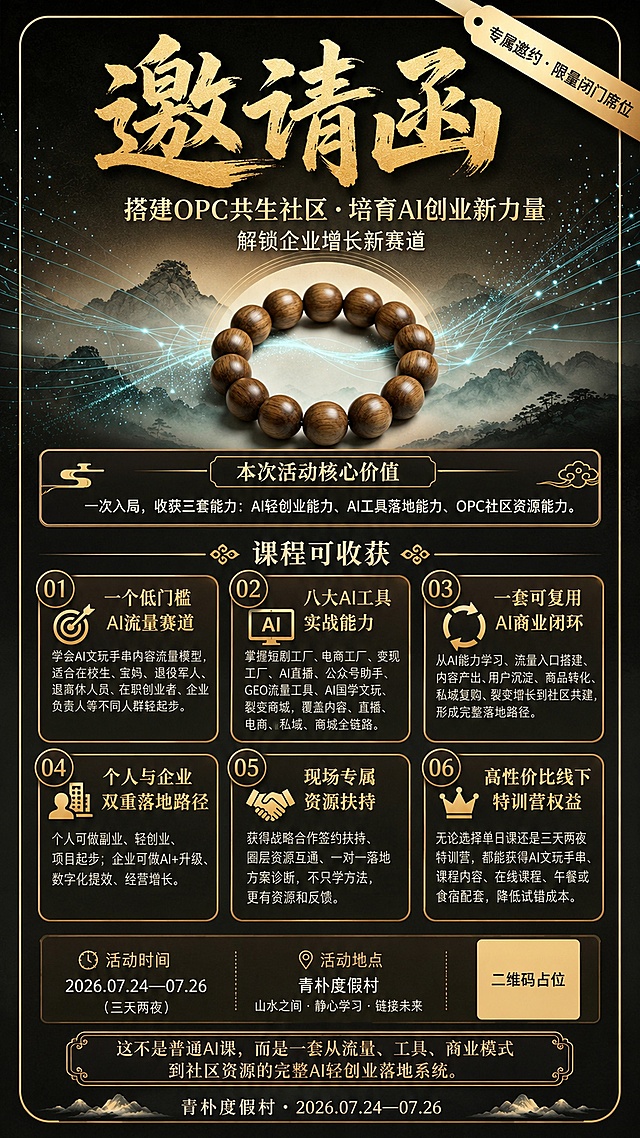基于原图进行重新设计，保留原图的木质手串主视觉、山水意境背景、深棕黑金配色、新中式禅意+科技感风格、金色圆角边框、右上角金色丝带标签。在图片顶部加上大标题"邀请函"三个字，金色书法字体，居中醒目。整体版式调整为信息丰富的课程邀请函海报，布局从上到下依次为：顶部大标题"邀请函"，核心价值区，课程收获六大模块区，底部时间地点。画面中必须完整呈现以下文字信息：

顶部大标题："邀请函"

核心价值区标题："本次活动核心价值"
核心价值内容："一次入局，收获三套能力：AI轻创业能力、AI工具落地能力、OPC社区资源能力。"

课程收获区标题："课程可收获"

01 一个低门槛AI流量赛道
学会AI文玩手串内容流量模型，适合在校生、宝妈、退役军人、退离休人员、在职创业者、企业负责人等不同人群轻起步。

02 八大AI工具实战能力
掌握短剧工厂、电商工厂、变现工厂、AI直播、公众号助手、GEO流量工具、AI国学文玩、裂变商城，覆盖内容、直播、电商、私域、商城全链路。

03 一套可复用AI商业闭环
从AI能力学习、流量入口搭建、内容产出、用户沉淀、商品转化、私域复购、裂变增长到社区共建，形成完整落地路径。

04 个人与企业双重落地路径
个人可做副业、轻创业、项目起步；企业可做AI+升级、数字化提效、经营增长。

05 现场专属资源扶持
获得战略合作签约扶持、圈层资源互通、一对一落地方案诊断，不只学方法，更有资源和反馈。

06 高性价比线下特训营权益
无论选择单日课还是三天两夜特训营，都能获得AI文玩手串、课程内容、在线课程、午餐或食宿配套，降低试错成本。

底部一句话总结："这不是普通AI课，而是一套从流量、工具、商业模式到社区资源的完整AI轻创业落地系统。"

最底部："青朴度假村·2026.07.24—07.26"

右上角保留金色丝带标签"专属邀约·限量闭门席位"

版式精美，信息分区清晰，用金色线条、序号、图标装饰各模块，文字清晰可读，手串主视觉适当缩小并上移或下移为信息腾出空间，整体保持新中式高端禅意+科技感风格，深棕黑金配色，2K超清画质。
画面中所有二维码区域使用纯色方块占位符呈现，方块中央标注"二维码占位"文字，严禁生成任何可识别的二维码图案。
画面中所有信息区域、套餐卡片、价格表格、权益列表、对比模块、福利条目、课程大纲、议程、嘉宾介绍区等必须填充完整合理的内容，不得出现空白框、空白占位、横线待填写区域、空列表项、空单元格。
画面中所有数字必须精确渲染，不得错位、遗漏或编造。