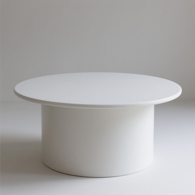 极简主义风格的白色圆形台面，光滑的陶瓷质感，顶部平整，边缘圆润过渡，简洁的单色设计，高光区域位于顶部边缘和侧面上半部分，柔和的阴影投射在白色背景上，整体呈现出干净、简约、现代的视觉效果，台面主题突出，无多余装饰元素，配色方案极为简单纯粹。预览效果
