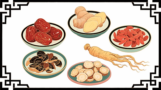 元素，插画风格，养生药膳，滋补，周围用中式碟子装着几种中药材，包括红枣、姜片、枸杞、参片等，正面视角，元素都在画面中央，显示完整，白色背景，中国风，中式插画，古画，超级好的质感，高清晰度，极致的细节，画风稳定，风格一致，准确