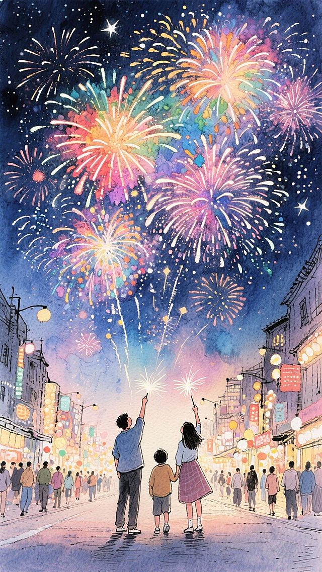 整个画面铺满多朵色彩浓烈的烟花，占画面2/3，下方是热闹的街道和一家三口在欣赏烟花，背景是星空。