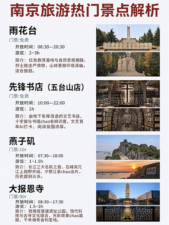 小红书旅游攻略长图内页，3:4竖版，参考【图2】的版式骨架、分区比例、字体层级与色调体系，整体相似度约90%，将平遥景点全部替换为南京景点。页面顶部大标题暗红色粗黑体：“南京旅游热门景点解析”。下方纵向排列4个景点介绍模块，每个模块左侧为文字信息（景点名大黑粗体、门票灰绿色小字、开放时间、游览时长、简介深棕色小字），右侧为两张或一张该景点的实拍照片竖排。4个景点依次为：1）雨花台：门票🆓，开放时间06:30—20:30，游览2~3h，简介：红色教育基地与自然景观相融，烈士陵庄严肃穆，山林葱郁环境清幽，适合慢逛。2）先锋书店（五台山店）：门票🆓，开放时间10:00—22:00，游览1h，简介：由地下车库改造的文艺书店，十字架与书墙chao有辨识度，文艺青年bi打卡，阅读氛围浓厚。3）燕子矶：门票10r，开放时间07:30—18:00，游览1~1.5h，简介：长江三大名矶之首，石峰突兀江上视野开阔，夕照江景chao出片，历史题刻众多。4）大报恩寺：门票90r，开放时间08:30—17:30，游览1.5~2h，简介：琉璃塔重建遗址公园，现代科技与古寺文化结合，光影效果chao震撼，千年佛骨舍利圣地。整体配色：浅灰白底，暗红色标题，黑色景点名，灰绿色门票字，深棕简介字，右侧景点照片为南京真实景点实拍风格，文字清晰不裁切，版式精美，小红书笔记质感，4K超清。画面比例3:4。图生图：严格参考【图2】的版式结构和配色，替换文案和景点内容。