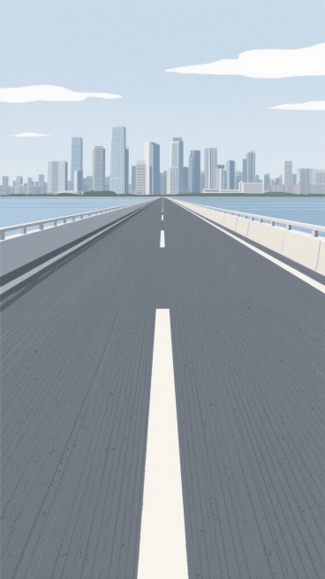 一条宽阔延伸的沥青道路，路面呈现出细腻的横向纹理和中间醒目的白色分隔线，道路尽头是现代化的城市天际线，高楼林立，远处有一片平静的水域，天空中飘着几朵白云，整体画面采用极简主义的插画风格，线条流畅，色彩以灰蓝色调为主，营造出宁静而开阔的氛围，具有强烈的设计感和空间感。预览效果