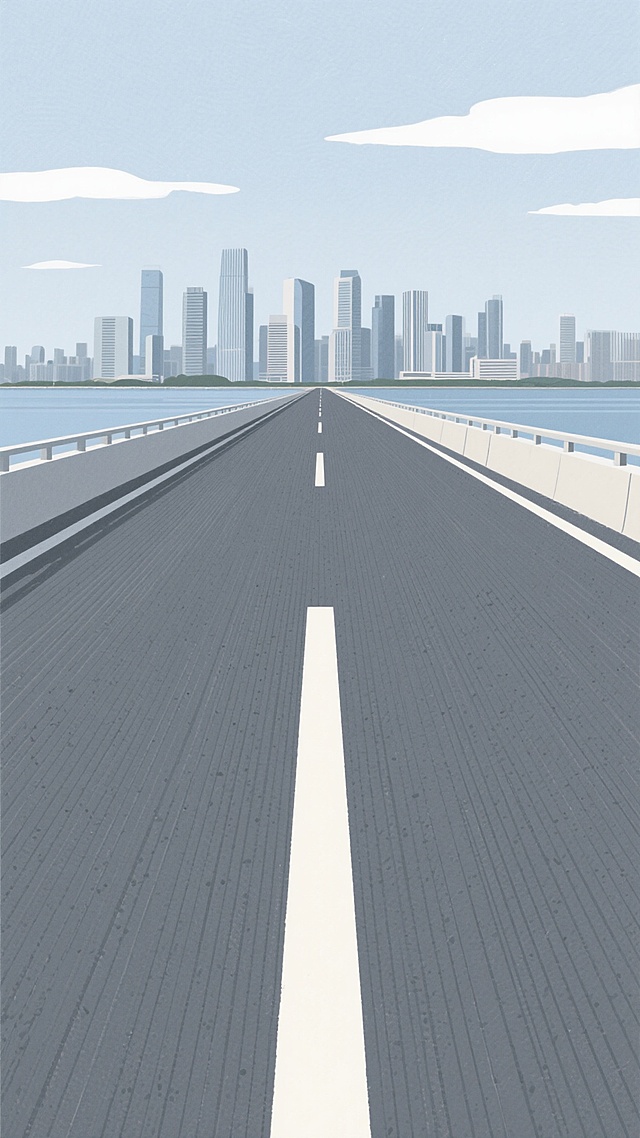 一条宽阔延伸的沥青道路，路面呈现出细腻的横向纹理和中间醒目的白色分隔线，道路尽头是现代化的城市天际线，高楼林立，远处有一片平静的水域，天空中飘着几朵白云，整体画面采用极简主义的插画风格，线条流畅，色彩以灰蓝色调为主，营造出宁静而开阔的氛围，具有强烈的设计感和空间感。