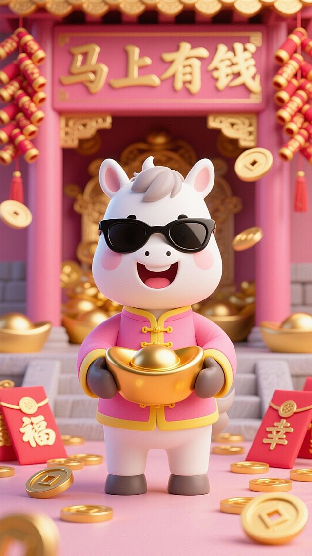 Q版白色小马身着粉色带黄色镶边的中式唐装，佩戴黑色墨镜，咧嘴大笑，双手抱着一个大号金色元宝，周围散落金色铜钱、写有 “福”“幸” 字的红包，背景是财神庙，画面上方有金色书法字体“马上有钱”，两侧悬挂鞭炮，整体粉金色调。
