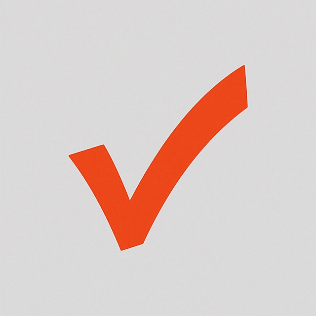 一个醒目的红色对勾符号，采用扁平设计风格，色彩为鲜艳的橙红色，线条简洁流畅，边缘锐利清晰，符号位于纯白色背景中央，整体呈现出简洁、明确、专业的视觉效果，传达出确认、完成、正确的积极含义，无任何额外装饰元素，具有高度的识别性和信息传达效率。