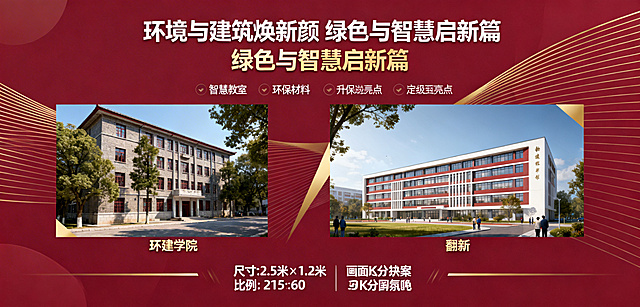上海理工大学环境楼重生板块宣传图第1张，尺寸2.5米×1.2米，比例125:60。勃艮第红为主色调搭配金色线条，左侧为环建学院老楼原貌照片，右侧为翻新后现代教学楼效果图，对比呈现，大标题'环境与建筑焕新颜 绿色与智慧启新篇'，标注智慧教室、环保材料等升级亮点，4K分辨率