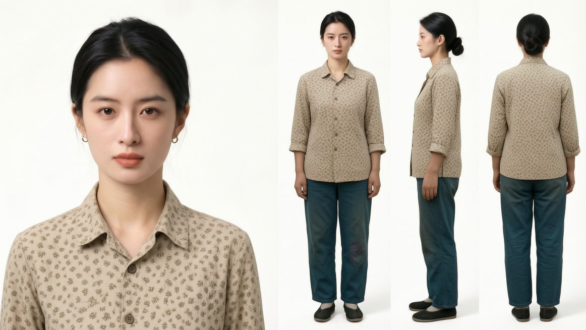 保持图二人物的五官不变，换成图一的衣服：浅卡其色小碎花翻领衬衣、深蓝色带补丁劳动布长裤、黑色老北京布鞋，保持白色背景，提升画质为高清，保留清晰的面部光线和毛孔细节，增强真人质感，保留三视图布局（正面特预览效果