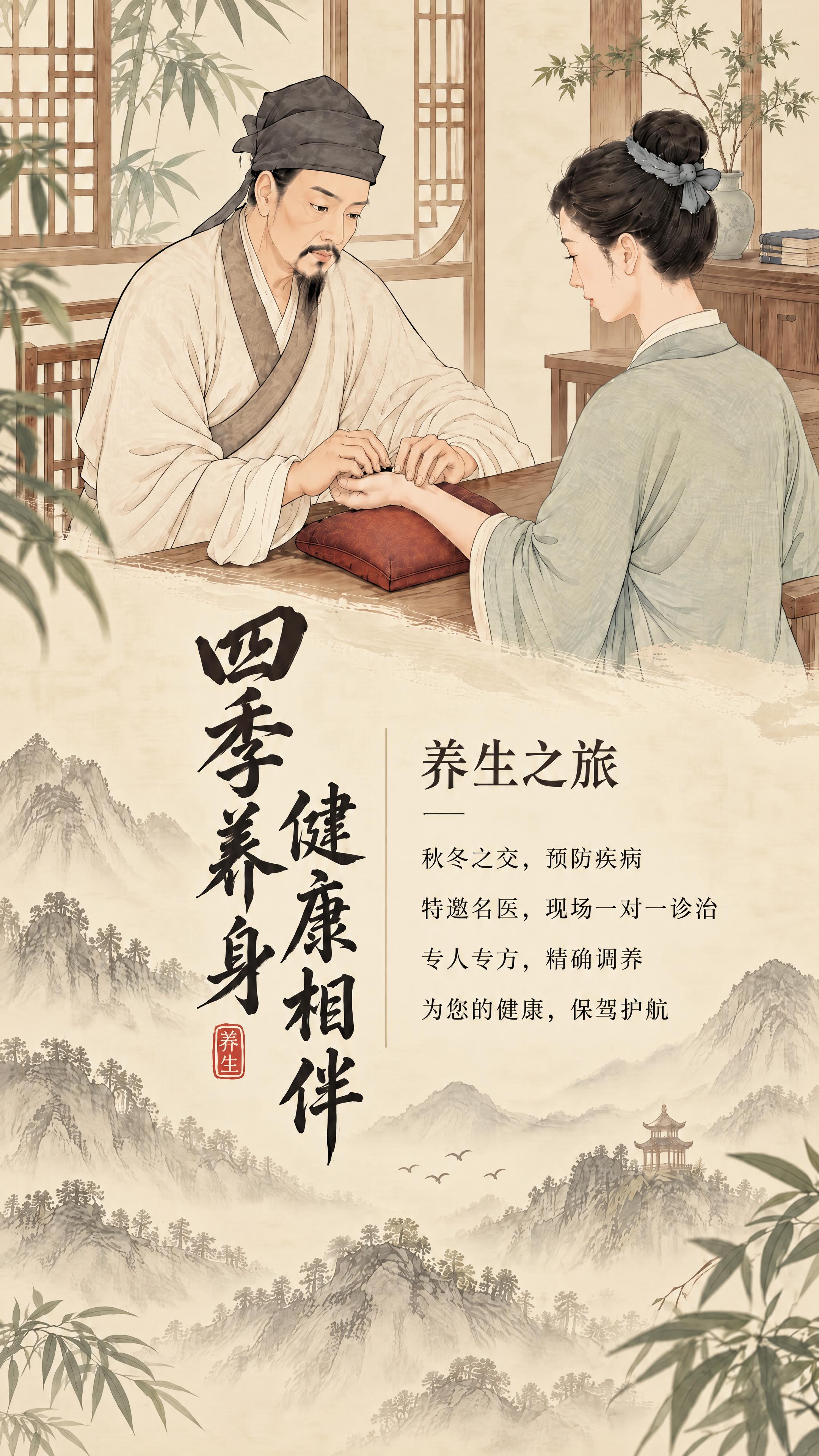 图一的四季养身脉诊海报，整体色调参考图二的肩颈保养海报色调。将… - 图片创意预览