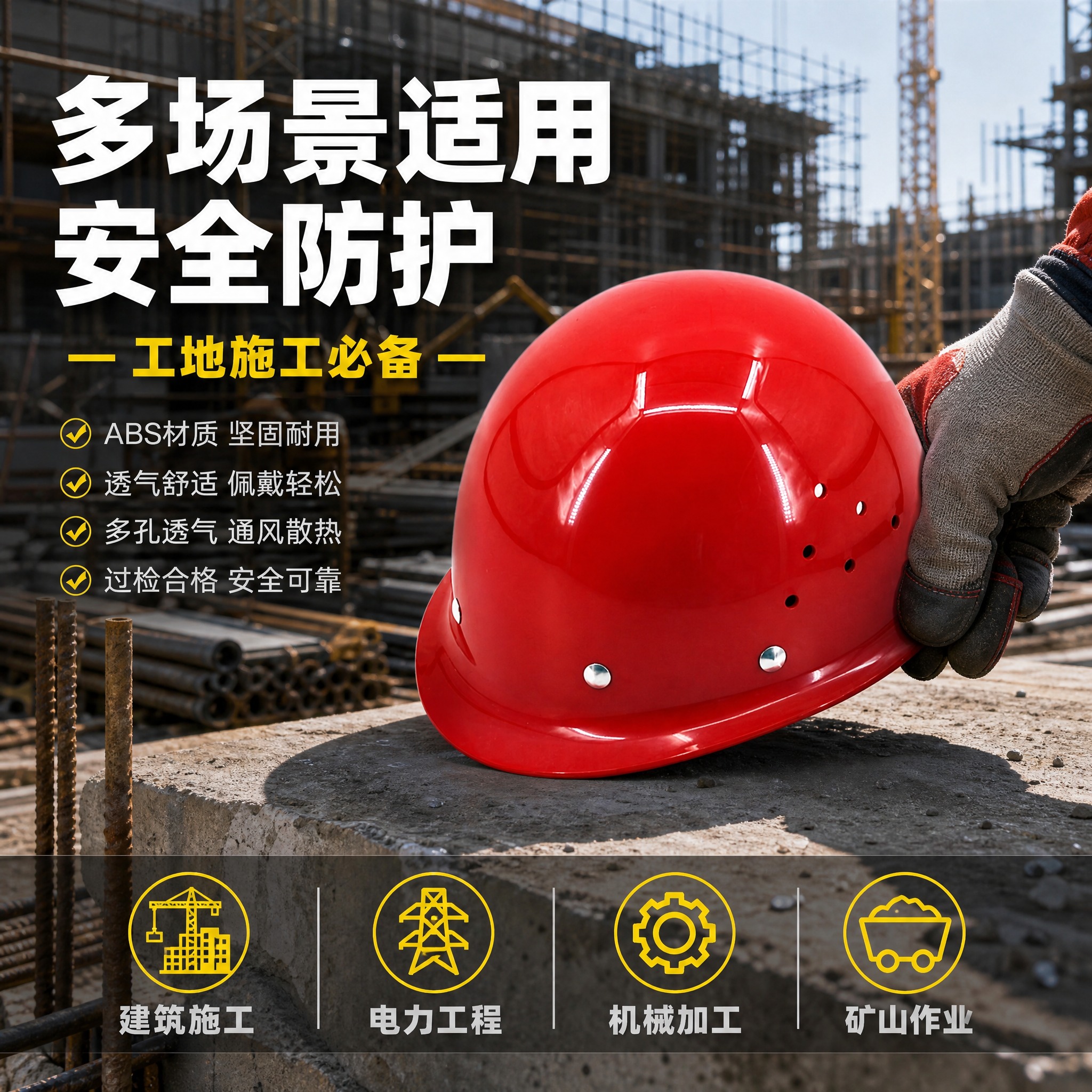 [主图-4] 过检安全帽 ABS 场景适用图，展示工地施工佩戴… - 图片创意预览