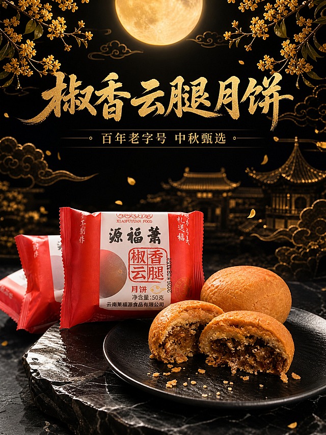 萧福源椒香云腿月饼详情页头图，黑金配色中国风高端中秋氛围。上文下图构图。画面下方黑色大理石桌面上摆放萧福源椒香云腿月饼包装袋2-3袋，旁边黑色瓷盘上放完整月饼和切开的半枚月饼，酥皮层次分明，火腿内馅油亮诱人，酥皮碎屑散落。背景纯黑到深灰渐变，上方一轮硕大金色圆月悬于夜空，金色祥云环绕，金色桂花枝从两侧垂下，花瓣飘落，远处隐约金色中式建筑剪影。三层景深：前景月饼特写、中景包装、远景月夜。顶部主标题"椒香云腿月饼"金色书法大字，副标题"百年老字号 中秋甄选"金色细宋体。商业摄影质感，暖金色光线勾勒月饼酥皮油亮光泽，黑金对比强烈，高端奢华。