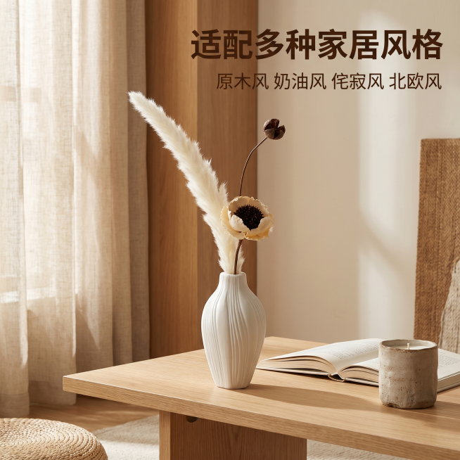 [主图 3] 侘寂风格搭配展示图
[氛围风格] 自然慵懒家居氛围感，简约侘寂风
[画质] 商业摄影质感、光线柔和通透、产品清晰真实、画面干净高级
[元素] 干花陶瓷花瓶摆放在北欧原木风客厅的茶几上，旁预览效果