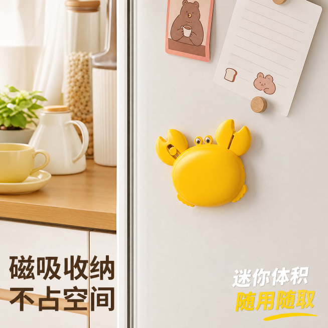 [主图-4] 螃蟹开瓶器多场景适用展示图。
[氛围风格] 日式可爱工具美学 × 多巴胺家居 × 极简收纳；真实生活化场景
[画质] 商业摄影质感、光线柔和通透、产品清晰真实、画面干净高级。
[元素]预览效果