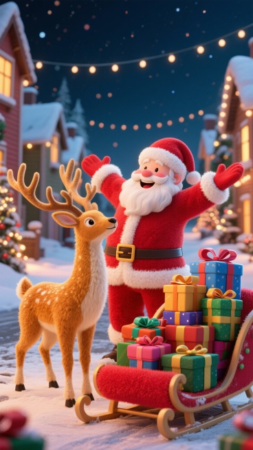 一位笑容灿烂、脸颊红润的圣诞老人，穿着传统的红色圣诞服，戴着红色的软帽，张开双臂，仿佛在拥抱整个雪夜。两头健壮的麋鹿，姿态优雅，全身散发着温暖的金色光芒，显得非常神圣。雪橇车上堆满了色彩缤纷、系着丝带预览效果