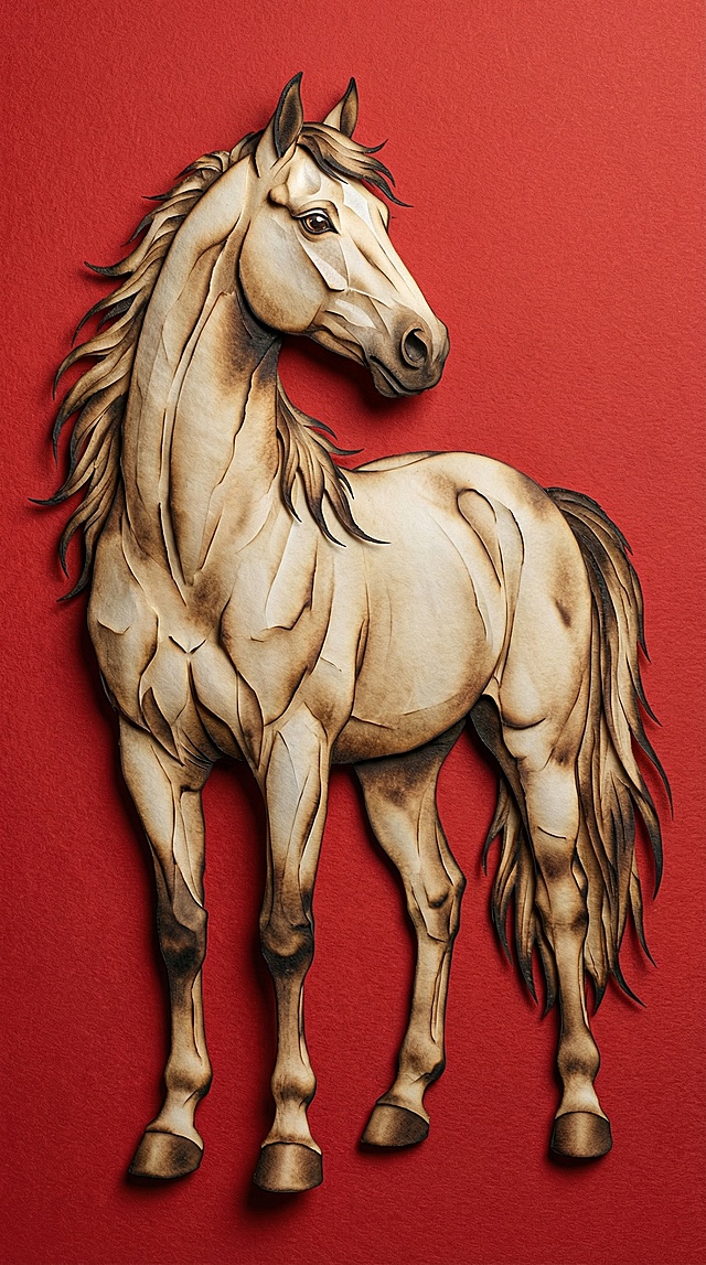 复古感与古典优雅交织，撕纸风与重拟物手法融合，浮雕质感的骏马立于红底之上，尽显唯美感与节日祥瑞气息。