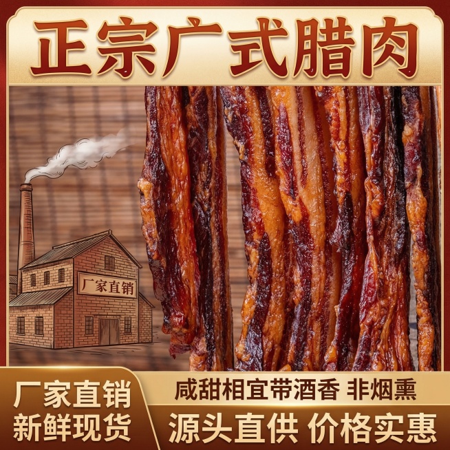 这张图片是产品主体这款产品是广式加瘦腊肉 我需要设计20张主图在拼多多上面售卖    主图场景布局可以用厨房 炒腊肉 腊肉细节等设计一个高级有食欲一些主图文案内容 正宗广式腊肉 厂家直销 新鲜现货 咸预览效果
