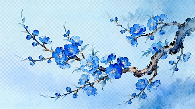 古风花枝，远景，蓝色，png，16:9，生成2张