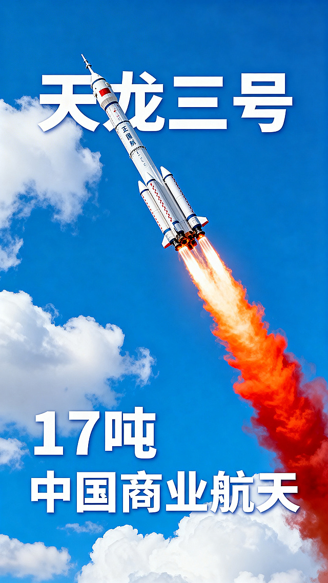 中国商业航天主题海报，天龙三号火箭升空瞬间，带有橙红色火焰尾迹，背景是蓝天白云，采用白色蓝色天空搭配橙红色火焰的高对比度配色，画面冲击力强抓眼球，叠加文字：“天龙三号”“17吨”“中国商业航天”，整体大气震撼，高清画质