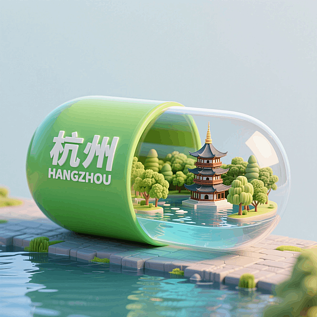 一个胶囊，胶囊左半部分为绿色（上面印着"杭州 HANGZHOU"），右半部分是透明材质（杭州西湖、雷峰塔、树木组成的3d微缩景观在胶囊之中），胶囊被放在河畔边