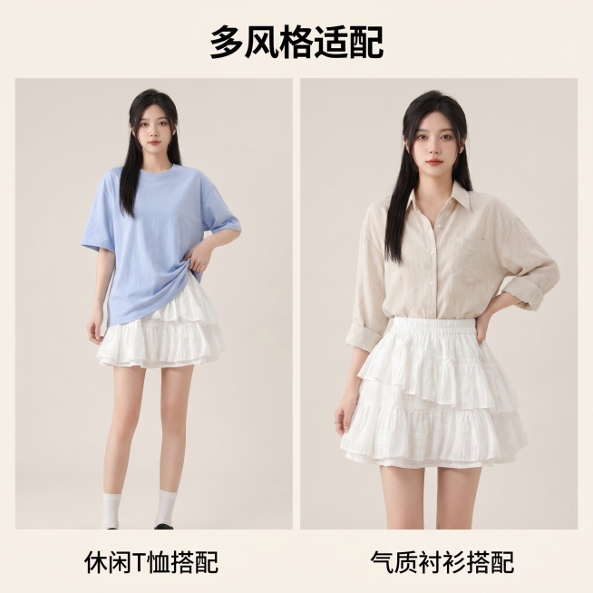 [详情图1] 整体穿搭风格展示，多种穿搭效果参考。
[氛围风格] 韩系休闲 自然氛围感
[画质] 商业摄影质感、光线柔和通透、产品清晰真实、画面干净高级。
[元素] 同一位模特穿着白色多层蛋糕短裙，分预览效果