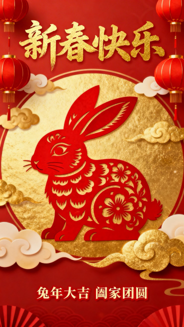 春节主题海报，画面中央是喜庆的红色传统剪纸风格大兔子，背景是金色祥云和红色灯笼，顶部有醒目的“新春快乐”四个金色书法字体，底部有“兔年大吉 阖家团圆”的红色祝福语，整体氛围热闹喜庆，充满年味预览效果