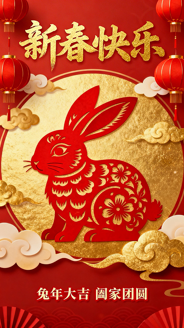 春节主题海报，画面中央是喜庆的红色传统剪纸风格大兔子，背景是金色祥云和红色灯笼，顶部有醒目的“新春快乐”四个金色书法字体，底部有“兔年大吉 阖家团圆”的红色祝福语，整体氛围热闹喜庆，充满年味