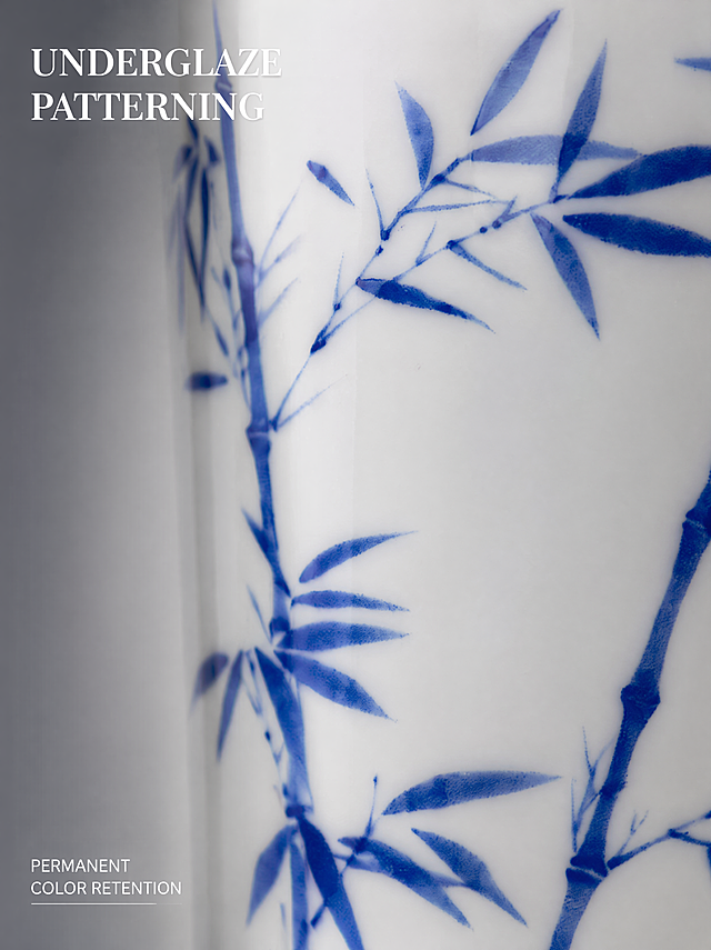 [Main Image 4] Exquisite In-Glaze Decoration Details Close-up. Atmosphere is exquisite detail texture, professional product photography. Macro commercial detail photography, high resolution, clear texture. Macro close-up of the cup body glaze and blue bamboo pattern. The picture focuses on the junction of bamboo leaves and glaze, showing the uniform texture of the hard glaze, the full color of the pattern under the glaze. Show the texture of the glazed surface details, to ensure that the product shape, color and the original image consistent. Side back light penetration, highlight the glaze transparency and texture, clear grain level. Main color white porcelain, auxiliary color pattern blue, natural color soft. Macro close-up, partial focus clear, slightly shallow depth of field to highlight the detail area. Upper left corner title "UNDERGLAZE PATTERNING", lower left corner auxiliary text "PERMANENT COLOR RETENTION", text size clear contrast, placed in the negative space will not cover the details. 3:4 proportion, 4k resolution. Negative prompts: deformation, watermark, text confusion, blurred product image, cluttered background.