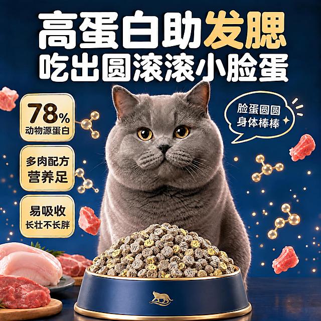 保持画面整体构图、文字、猫咪、肉类食材、背景等所有元素完全不变，仅修改猫粮碗和猫粮：1. 猫粮碗的颜色、形状、设计风格保持不变，整体尺寸增大一倍；2. 碗中的猫粮替换为参考图image2和image3中的真实烘焙猫粮样式（带W形压纹的圆片状颗粒，夹杂蛋黄夹心颗粒），质感真实自然，接近真实低温烘焙猫粮的肌理，酥脆可口有食欲有购买欲，不能有太强的AI感；其余所有内容保持原样不变
