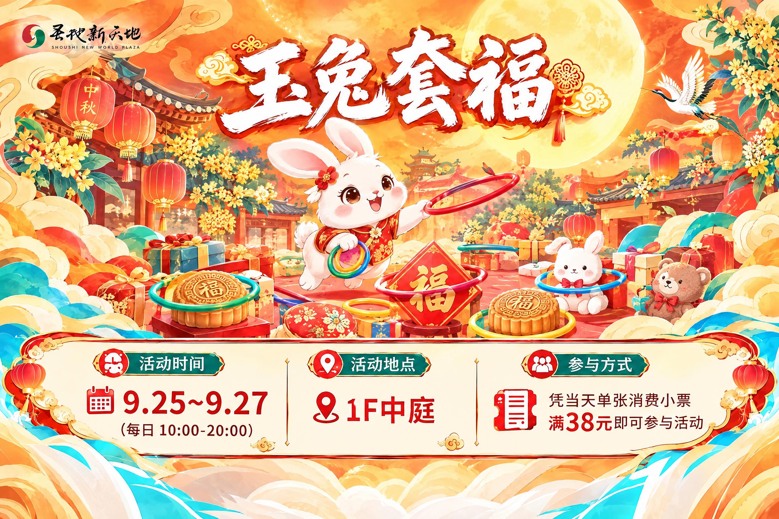 参考这张国潮中秋海报的版式和风格，重新制作一张'玉兔套福'套圈… - 图片创意预览