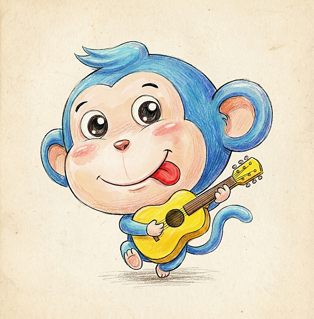 参考图1，把图2猴子风格改成图1那样，动作姿势也改成图1那样，抱着吉他