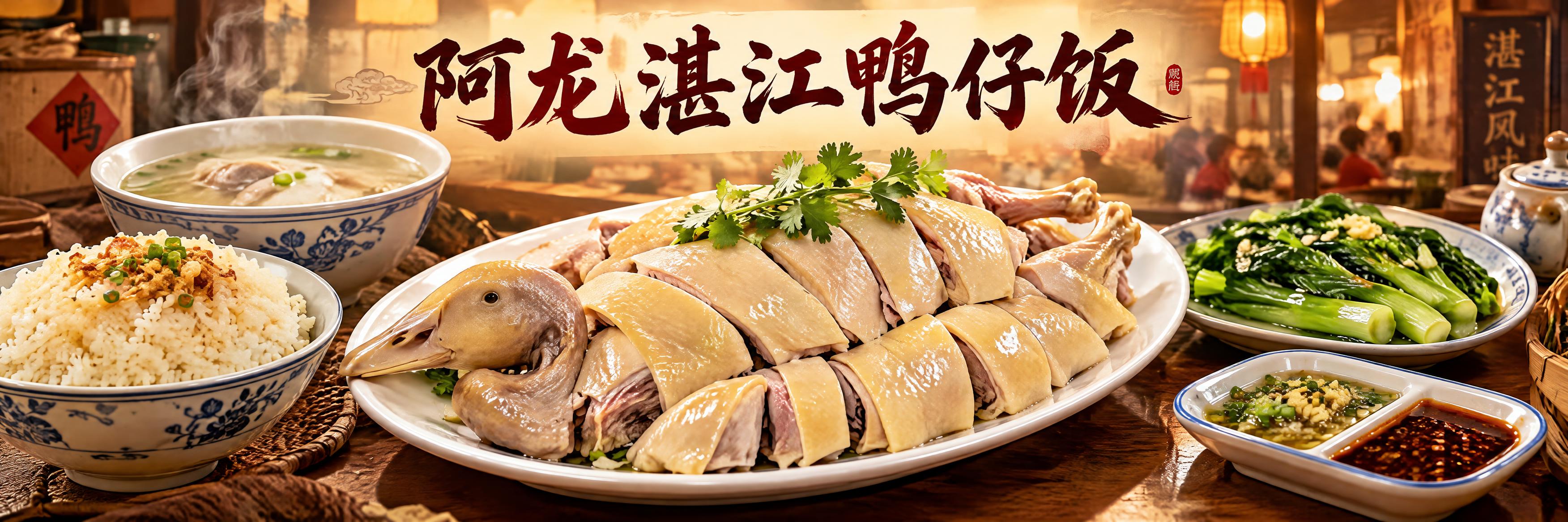湛江鸭仔饭美食海报，横版长图构图，画面主体是丰盛的湛江鸭仔饭套… - 图片创意预览