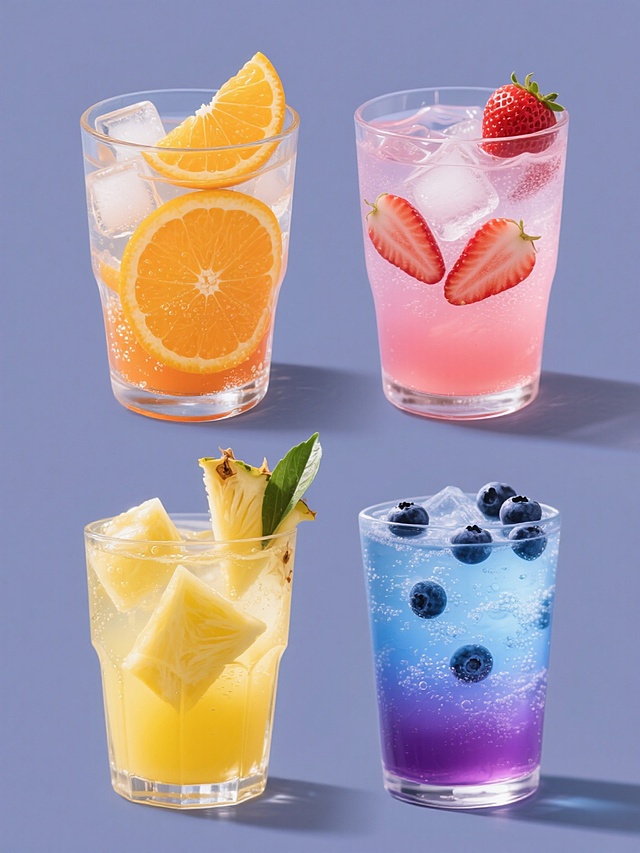一组四张规整排布的饮品系列素材集合，每张均为高清晰摄影风格，纯色背景，保持相同的玻璃杯形态和杯口设计。第一张：透明玻璃杯中装满橙色的冰爽橙汁，内含数片新鲜橙子切片和大量方形冰块，液体表面有细密气泡，杯口装饰一片完整的橙子片；第二张：透明玻璃杯中盛有粉红色的草莓苏打水，漂浮着几颗对半切开的新鲜草莓和冰块，液体呈现诱人的粉紫色渐变，杯口点缀一颗完整草莓；第三张：透明玻璃杯中是金黄色的菠萝汁，加入了三角形菠萝块和冰块，液体清澈透亮，杯口斜插一片带绿色叶子的菠萝片；第四张：透明玻璃杯中为蓝色的蓝莓气泡水，内含蓝莓果肉和冰块，液体呈现渐变的蓝紫色，杯口装饰几颗蓝莓。所有饮品均保持相同的光影效果，杯壁有细微的水珠，整体风格统一，色彩鲜明，突出饮品的清爽感和新鲜感，无任何文字、LOGO、二维码及地址信息。