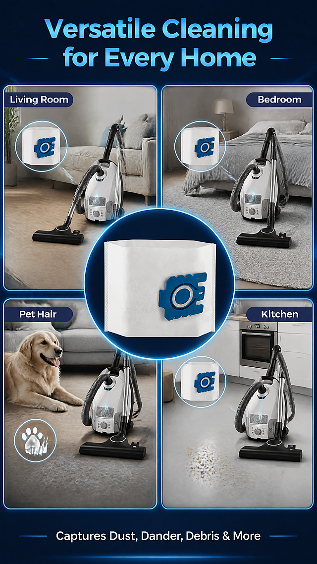 [第4张] 产品适用场景 - Multi-Scenario Cleaning Applications。本张使用【图2】作为集尘袋产品，【图9】作为深蓝光效风格参考。
[氛围/风格] 简约高端科技感，深蓝背景，场景拼贴展示，真实生活场景融入科技边框。
[元素布局] 画面采用2x2四宫格场景拼贴，每格展示一个适用场景：左上格 - 家庭客厅清洁（木地板+沙发背景），右上格 - 卧室清洁（地毯+床背景），左下格 - 宠物家庭（宠物毛发图标+地板），右下格 - 厨房清洁（瓷砖地面）；每格中央有半透明集尘袋小图或吸尘器工作示意；中心位置放大展示集尘袋主体；背景深蓝渐变，四宫格有浅蓝色发光边框。产品外观与输入图一致。
[光影质感] 每个场景格内有独立柔和光照，整体统一冷色调，产品边缘有蓝光勾勒。
[配色色系] 全局底色 #0D2248 深蓝渐变；主色 #29B6F6 亮蓝边框；辅助色场景内自然色调、白色产品。
[视角构图] 四宫格拼贴构图，中心产品突出，阅读动线顶部标题 → 四格场景 → 中心产品。
[文字版式] 顶部大标题 "Versatile Cleaning for Every Home"，浅蓝色渐变粗体；每格场景有小标签："Living Room"、"Bedroom"、"Pet Hair"、"Kitchen"；底部小字 "Captures Dust, Dander, Debris & More"；全英文，无衬线字体。
[比例分辨率] 9:16 竖版比例，4K 分辨率，文字清晰可辨，高清画质。
[负向提示词] 产品变形，场景不真实，颜色偏差，水印，中文字符，文字错乱，背景杂乱。