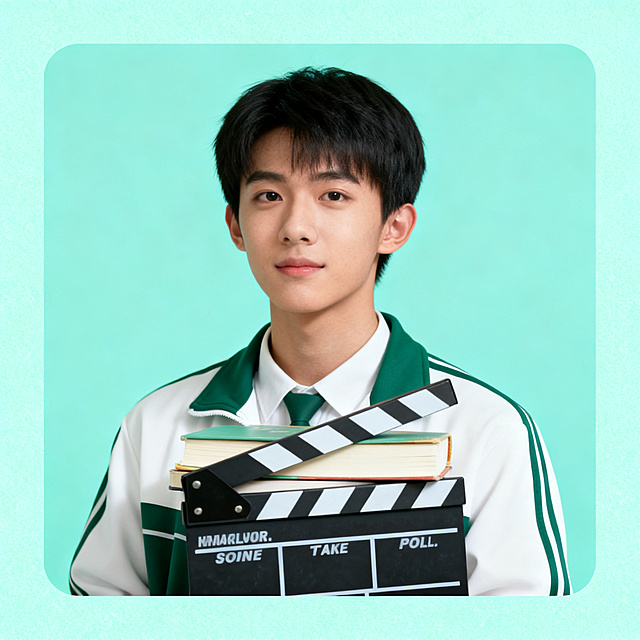 校园短剧头像，青春活力风格，中心是书本和电影场记板，浅绿天蓝色清新配色，1:1方形构图，充满校园青春气息