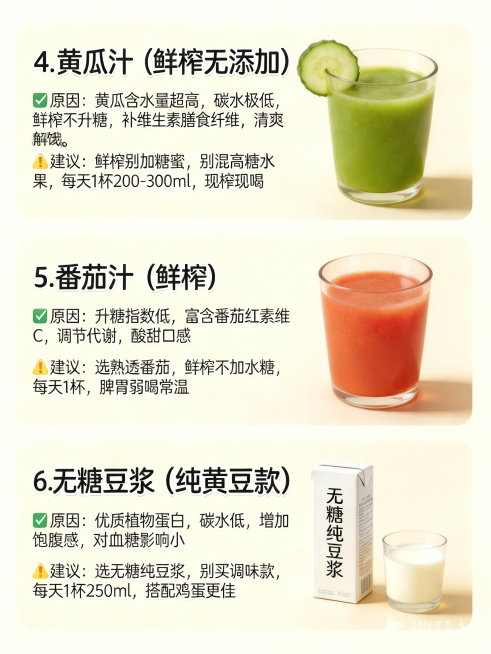 去除图片右下角的即梦AI水印，在黄瓜汁标题前加上序号4.，番茄汁标题前加上序号5.，无糖豆浆标题前加上序号6.，保留图片其余所有内容不变，文字清晰排版对齐预览效果
