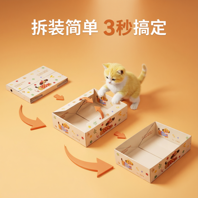 这张图片是产品主体这款产品是一次性猫砂盆 产品主体颜色不改变 我需要设计20张主图在拼多多上面售卖   主图场景布局设计用小猫等 等背景元素 整体色调暖色，可爱 显得高级一些  主图文案内容 月刨猫砂预览效果