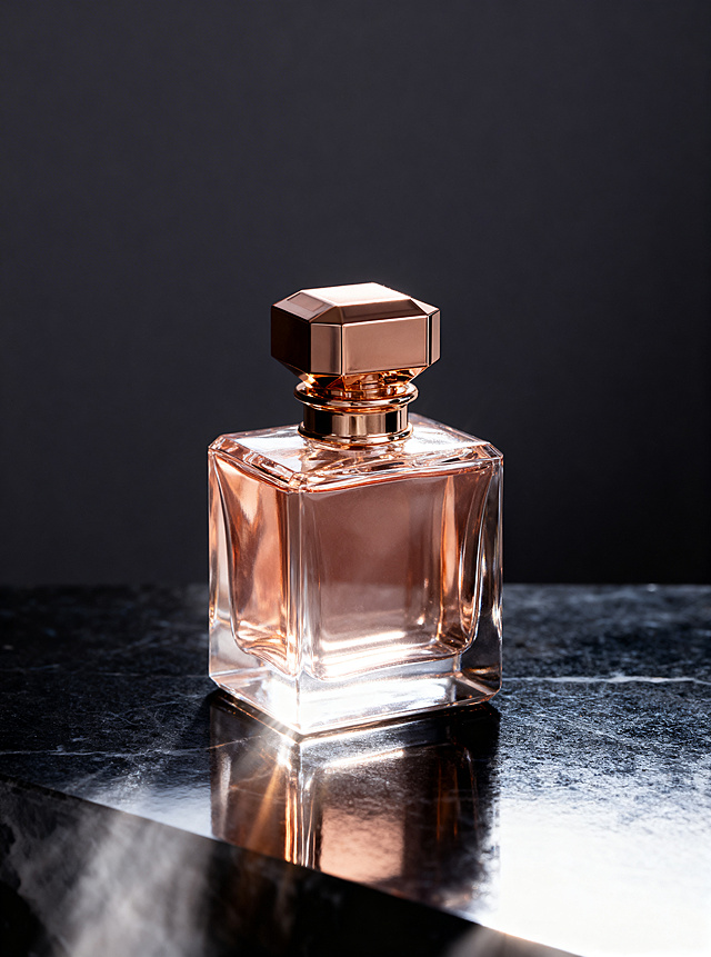 香水商品展示图，保持原香水瓶主体结构不变，玫瑰金色方形切割瓶盖，透明方形瓶身装渐变浅粉色液体，放置在黑色抛光大理石台面上，极简高级风，深灰低饱和暗调，侧逆光勾勒轮廓，柔光补光清晰细节，镜面倒影突出高级质感，背景简洁干净，添加朦胧丁达尔光束，低调奢华商业大片，突出玻璃瓶身通透光影和香槟金金属质感