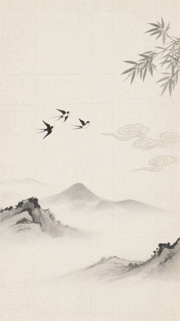 中式国风背景，浅米色宣纸纹理，淡雅水墨风格，远山以淡墨勾勒轮廓，山间云雾缭绕，左侧几缕祥云纹，右上角有疏朗竹叶，三只飞鸟呈V形掠过天际，整体画面留白充足，意境悠远宁静。预览效果